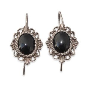 Vintage Black Onyx Sterling Silver Drop Earrings Oval Cabochon Ornate Filigree